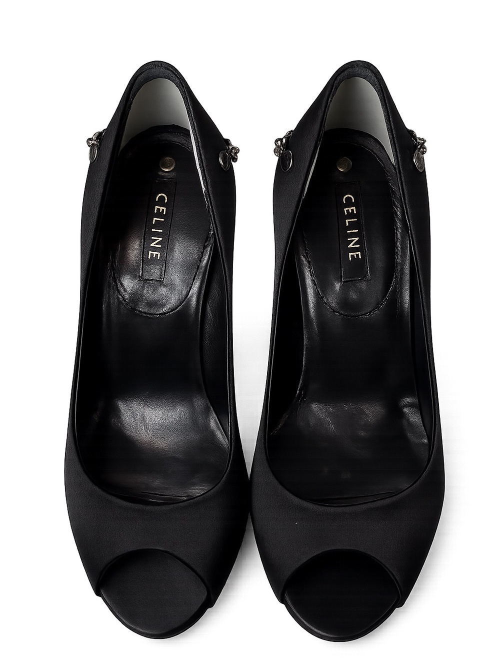 Luxury Celine Black Satin Peep-Toe Stiletto with Silver Chain Accent 36.5 - Picture 3 of 10